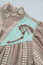 Western Pony Embroidered Yoke Puff Sleeve Gingham Blouse