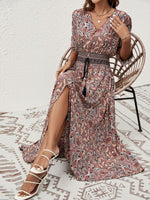 Paisley Print Half Sleeve Slit Midi Dress