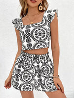 Printed Ruffle Trim Crop Top & Shorts Set