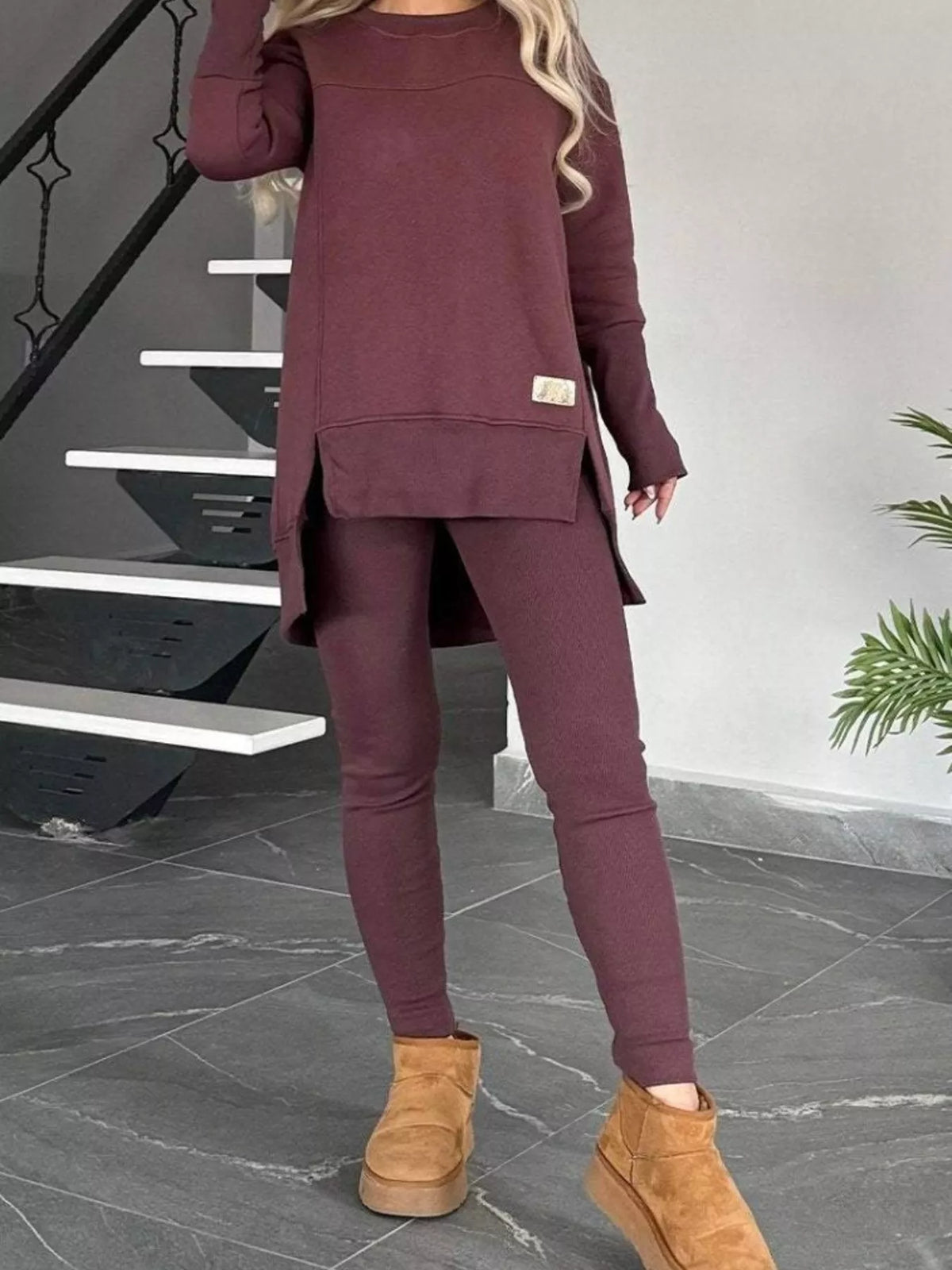 Full Size Slit Round Neck Top and Pants Set Plus Size