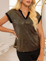 Sequin Notched Cap Sleeve Blouse