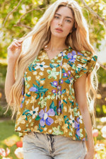 Floral Print Ruffle Cap Sleeve Tie Neck Top