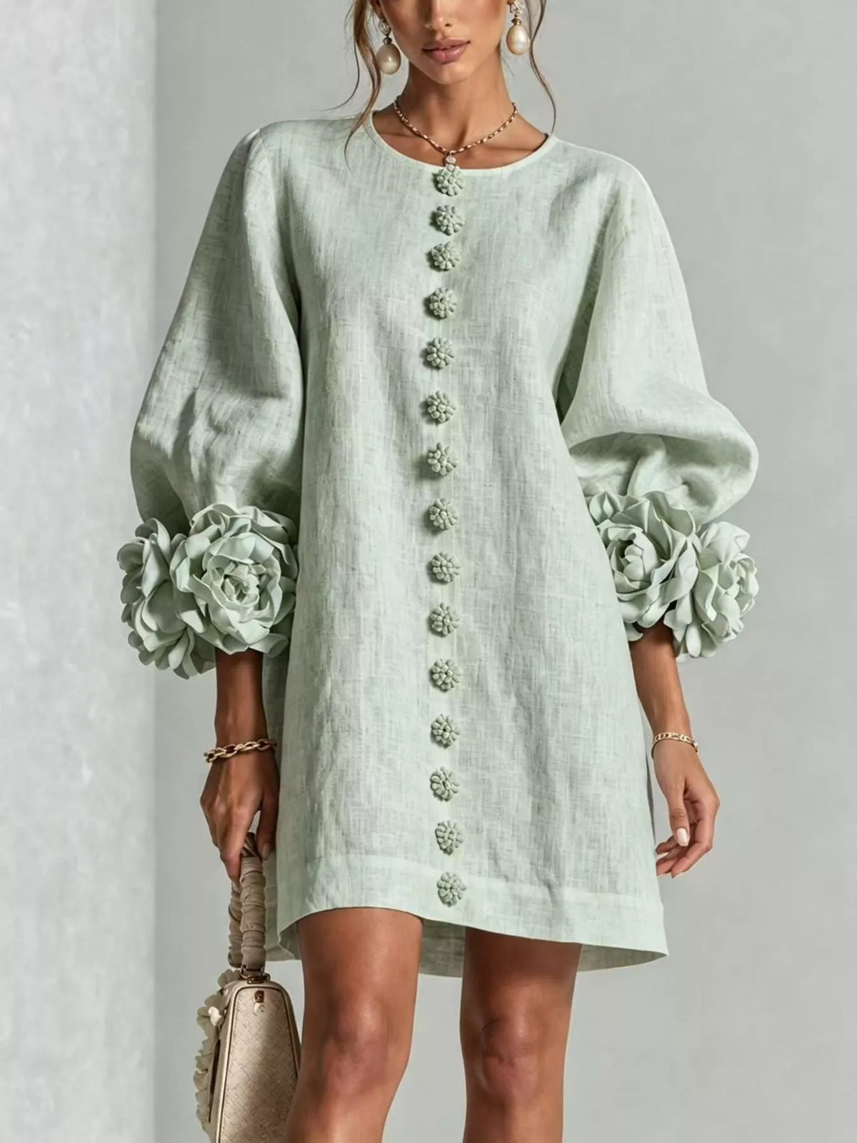 3D Floral 3/4 Sleeve Mini Dress