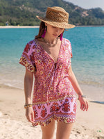 Printed V-Neck Short Sleeve Romper