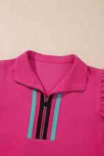 Striped Detail Flutter Sleeve Zipped Collar Top and Short Set