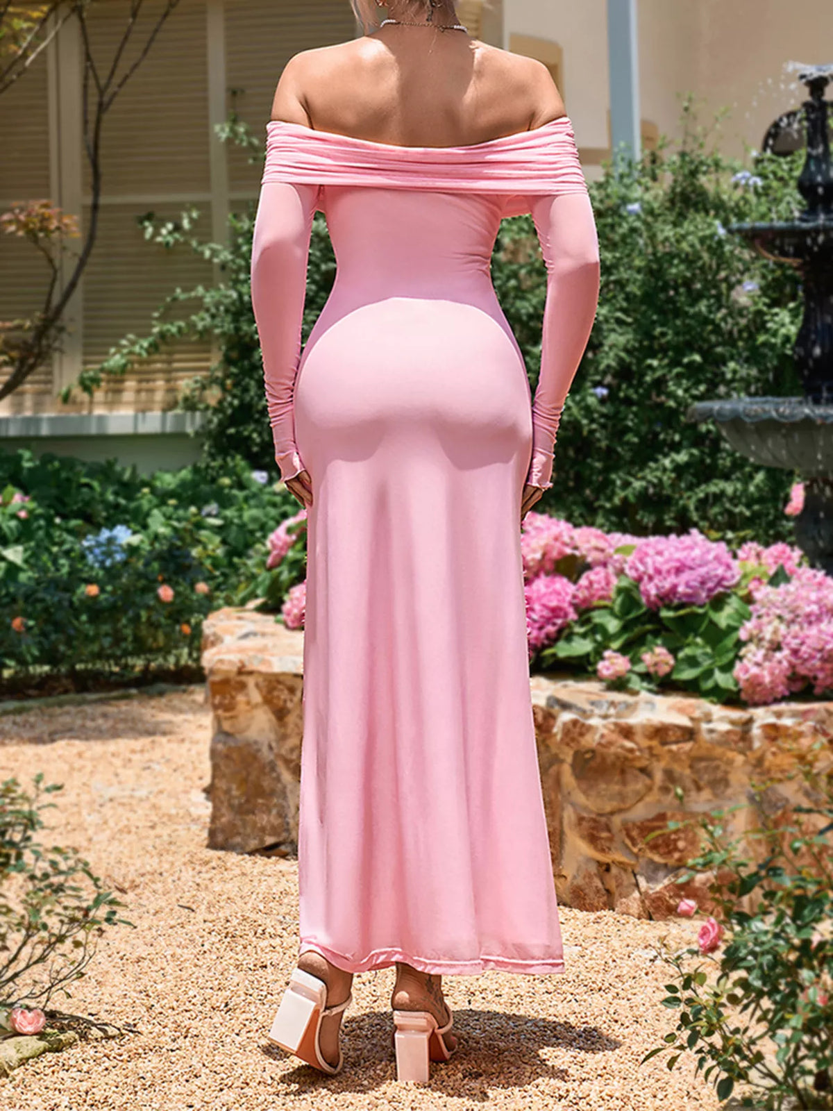 Off-Shoulder Ruched Long Sleeve Maxi Dress