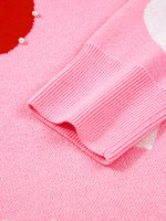 Pearl Embellished Heart Pattern Valentines Day Sweater