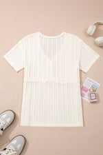 Ribbed Knit Button Detail V-Neck T-Shirt
