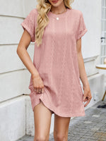 Eyelet Round Neck Casual Mini Dress