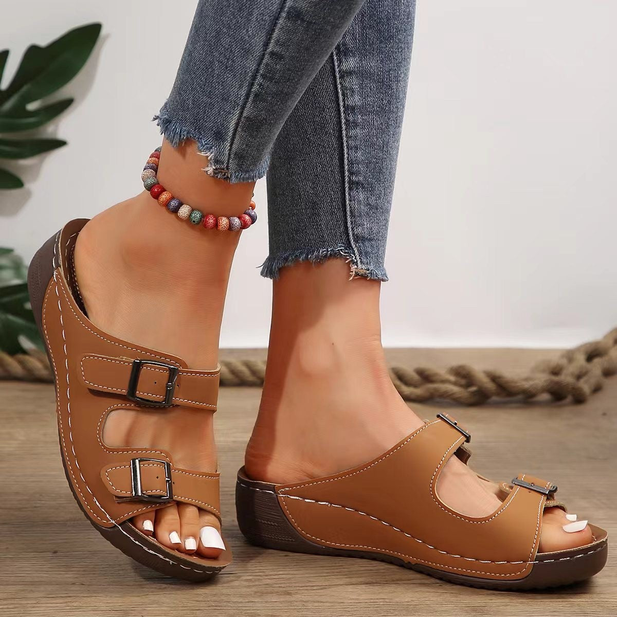 Double Buckle Wedge Sandals