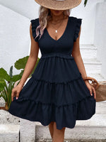 Ruffled V-Neck Cap Sleeve Dress