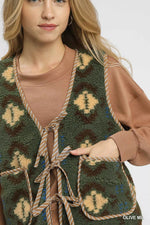 Umgee Mix Patterned Sherpa Tie-Front Vest