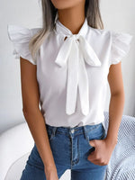 Ruffle Cap Sleeve Bow Tie Blouse