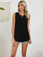 Round Neck Sleeveless Top with Pleated Front Detail