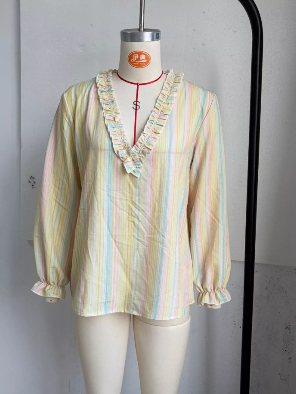 Striped Ruffle-Trim V-Neck Blouse