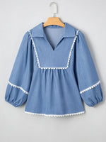 Collared Neck Contrast Trim Balloon Sleeve Blouse