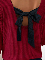 Ribbed V Neck Contrast Ribbon Bow Back Drop Shoulder Long Sleeve Top