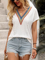 Eyelet V-Neck Short Sleeve Top