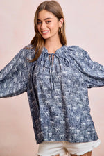 BiBi Ribbon Bow Print Exaggerated Balloon Sleeves Top