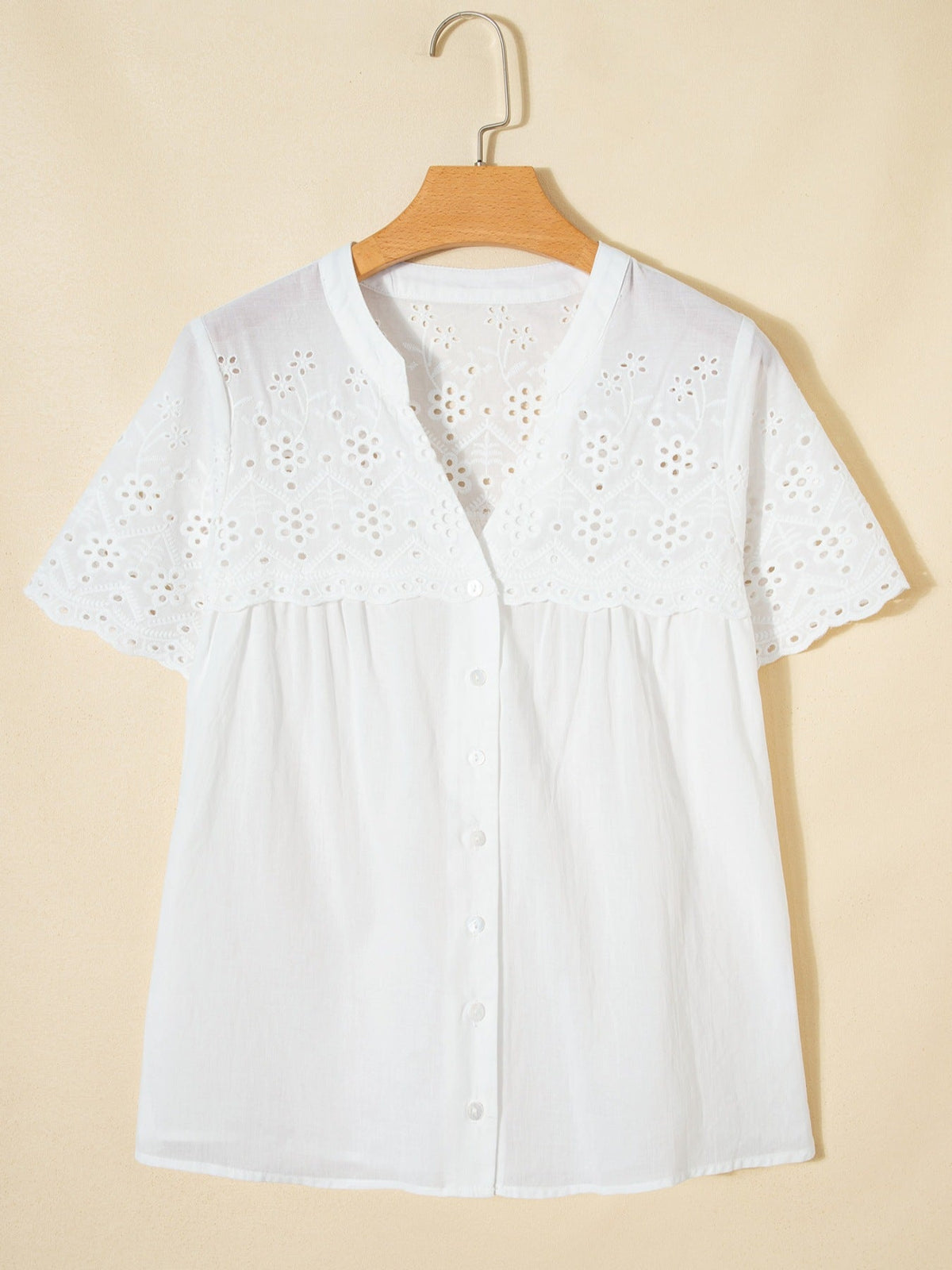 Flower Eyelet Embroidered Patchwork Sheer Short Sleeve Shirt