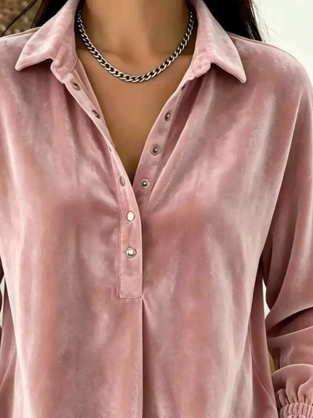 Velvet Snap Down Long Sleeve Blouse