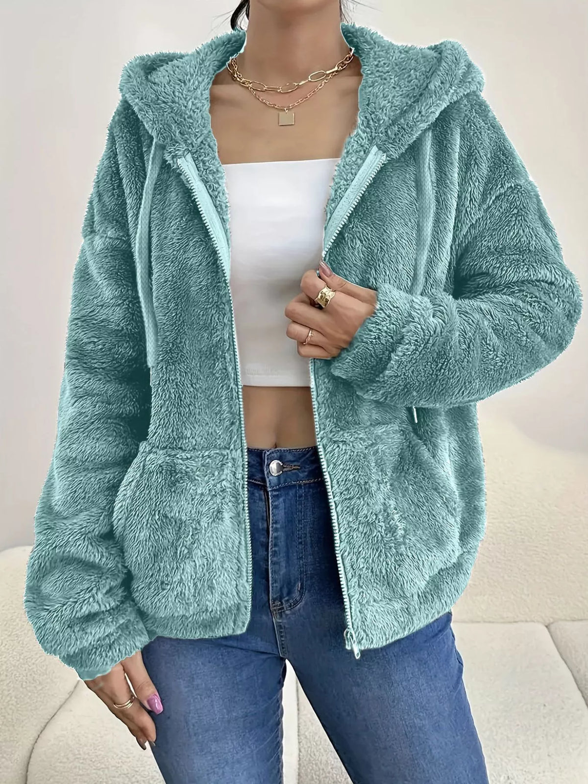 Drawstring Fleece Zip-Up Outerwear