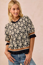 BiBi Textured Rose Knit Top Contrast Banded Puff Sleeve
