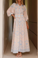 Printed Balloon Sleeve Maxi Shirt Dress