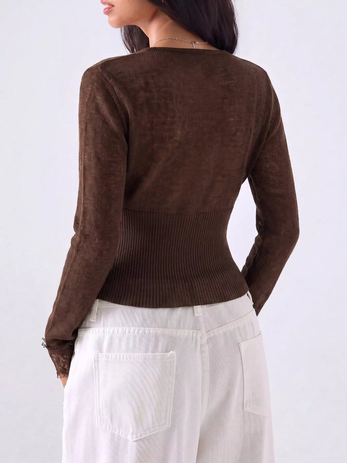 Lace-Trimmed V-Neck Button-Down Cardigan