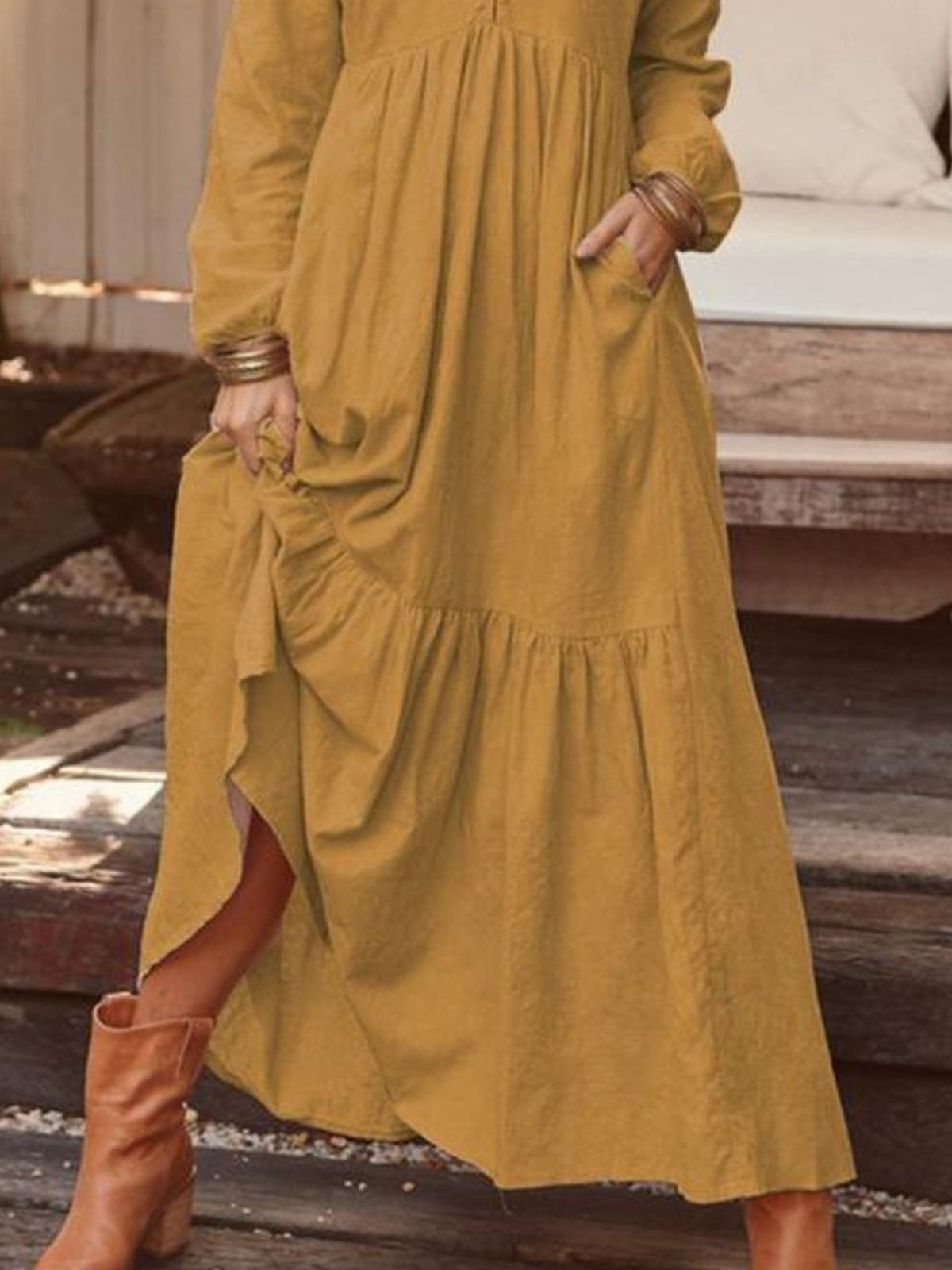 Full Size V-Neck Long Sleeve Tiered Maxi Dress Plus Size