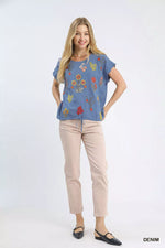 Umgee Embroidered Scallop Sleeve Top with Drawstring Hem