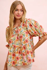 BiBi Flower Printed Shirring Detail Blouse Top
