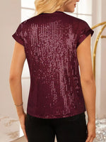 Sequin Notched Cap Sleeve Blouse