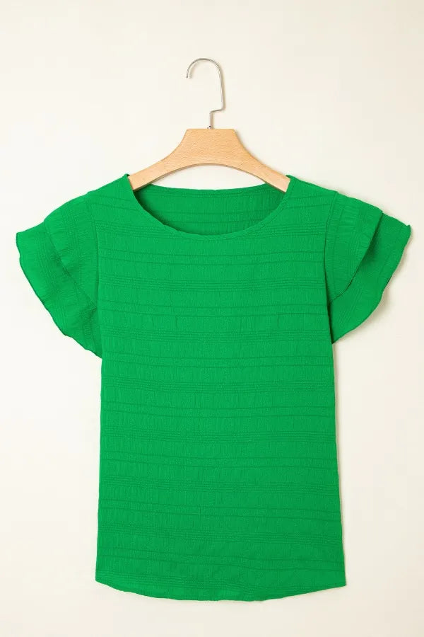 Textured Ruffled Sleeve Round Neck Top