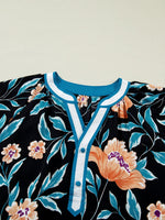 Floral Short Bubble Sleeve Buttoned Notched Neck Blouse