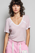 POL Lace Detail V-Neck Short Sleeve Textured T-Shirt