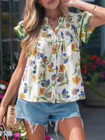 Floral Print Ruffle V-Neck Pressed Pleats Binding Tape Cotton Blouse