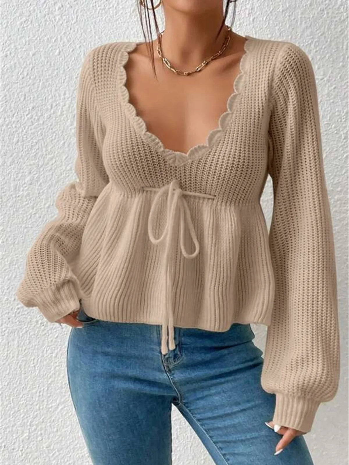 Scalloped V-Neck Drawstring Knit Top