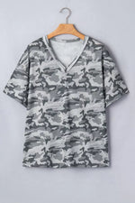 Camouflage Print Raw Edge V Neck Tee