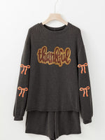 Thankful Letter Patched Sequin Bow Sleeve Twisted Ribbed Top and Short Set