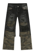 Distressed Camouflage Patchwork Jeans