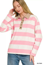 Zenana Striped Contrast Collar Polo Top