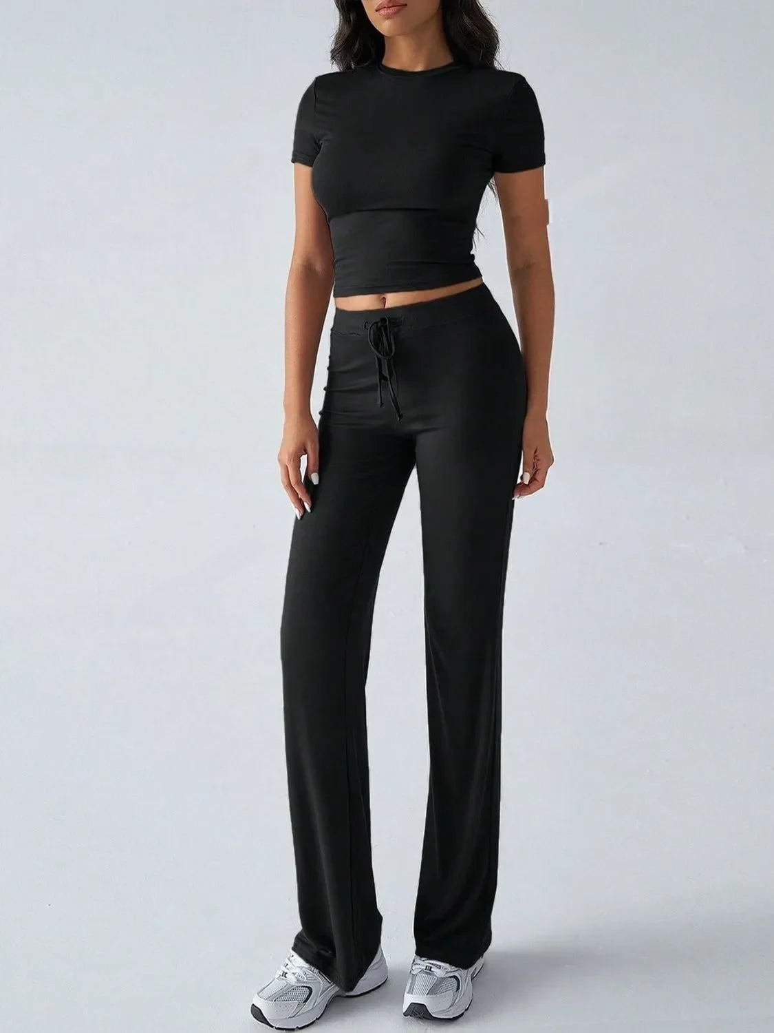 Round Neck Short Sleeve Top and Pants Set