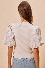 SO ME Floral Cotton Contrast Sleeves Scallop Sweater Top