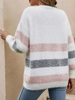 Striped Fuzzy Knit Button-Up Cardigan