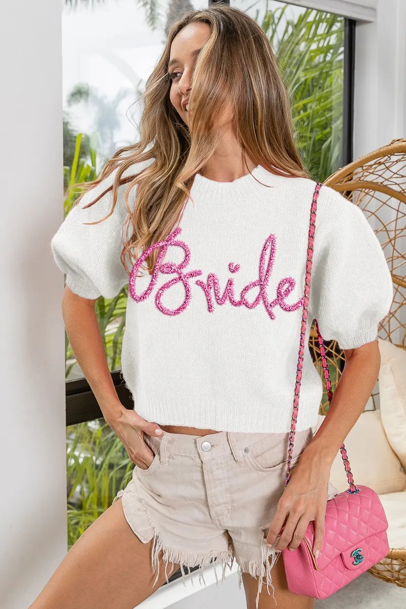 BiBi Metallic Letter Short Puff Sleeve Hairy Sweater