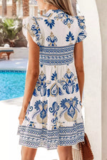 Boho Western Floral Printed Split Neck Ruffled Sleeve Mini Dress