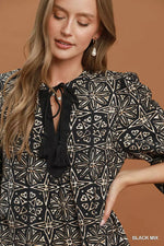 Umgee Mix Geometric Print V-Neck Tassel Detail Tunic Dress