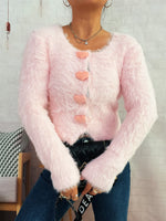 Fuzzy Heart Shape Button-Up Cardigan
