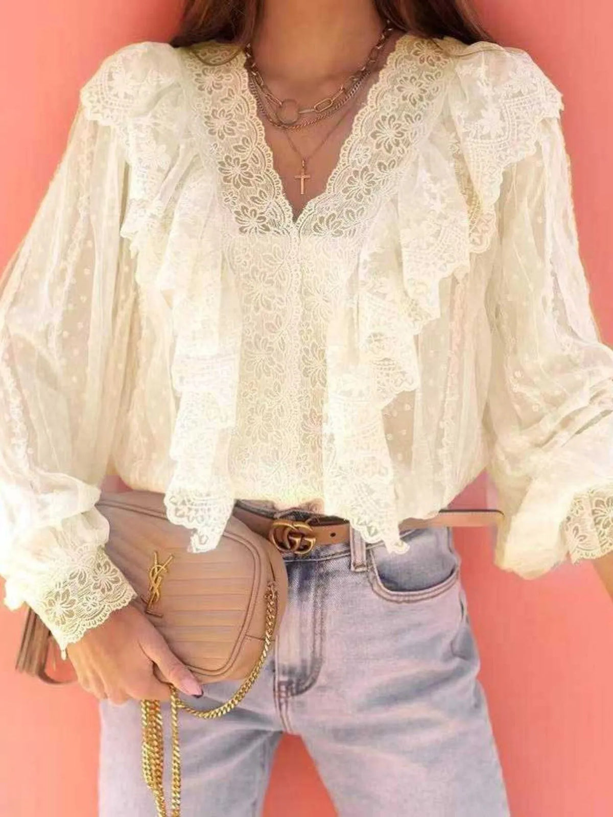 Lace Trim Ruffle V-Neck Long Sleeve Blouse